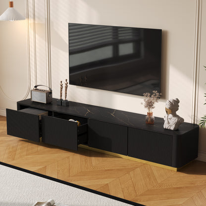 ON-TREND Luxury Fluted TV Stand For TVs Up To 85, Faux Marble Tabletop Media Console With 4 Drawers, Curved Profile Design, Modern Entertainment Center With Gold Base For Living Room, Black