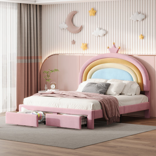 Full Size Upholstered Rainbow Design Bed, Velvet Princess Platform Bed With Storage Drawer, No Box-spring Needed,Colorful&Pink