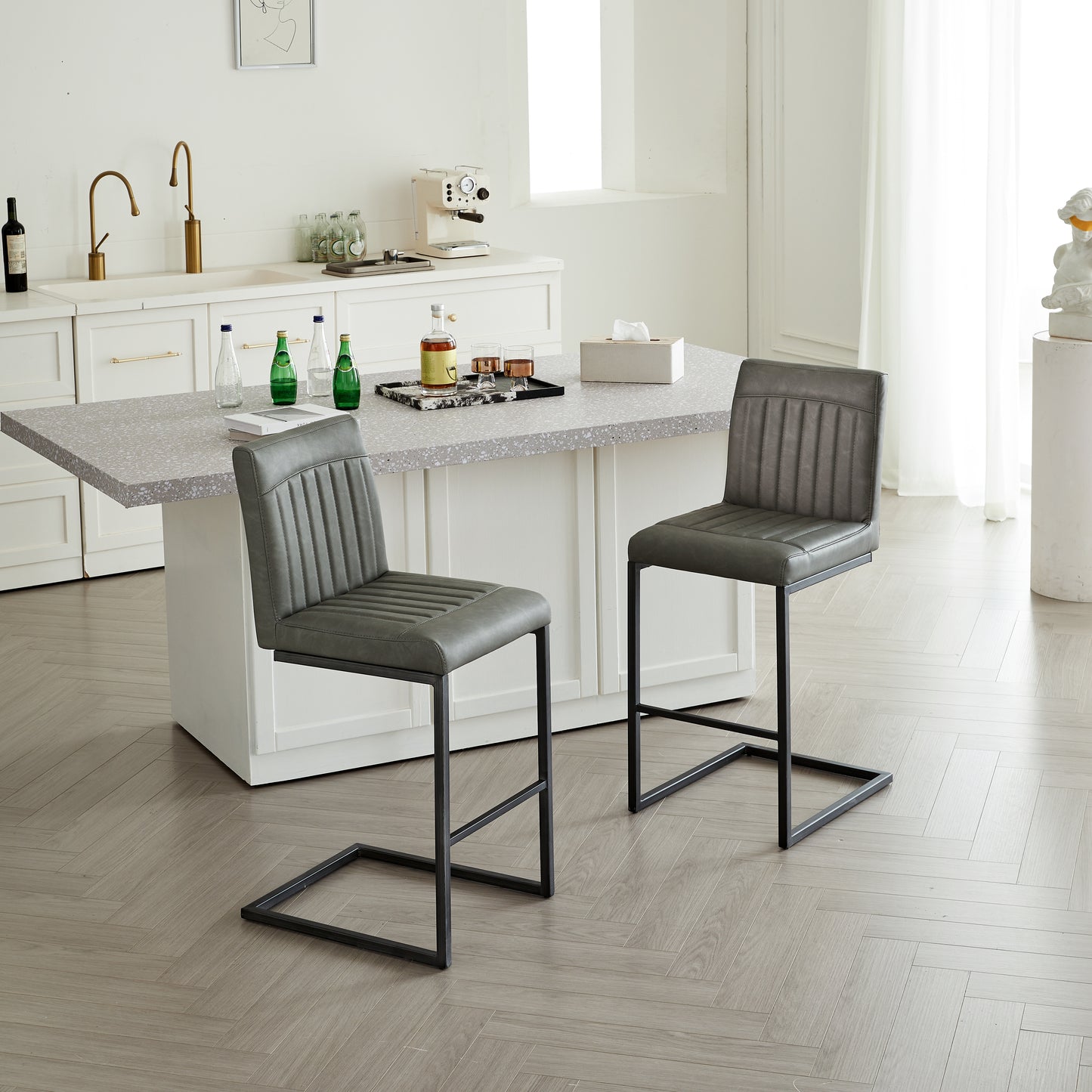 Gray Faux Leather Bar Stool With Vertical Tufted Backrest - Sturdy Black Metal Frame Counter Height Seating With Footrest For Kitchen Island, Home Bar & Dining Space,2 Sets