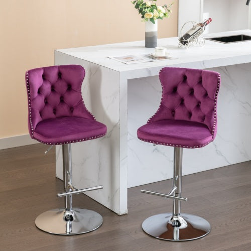 Swivel Velvet Barstools Adjusatble Seat Height From 25-33 Inch Purple,Set Of 2
