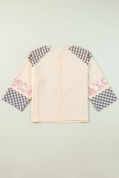 Heart Plaid Round Neck Long Sleeve Blouse