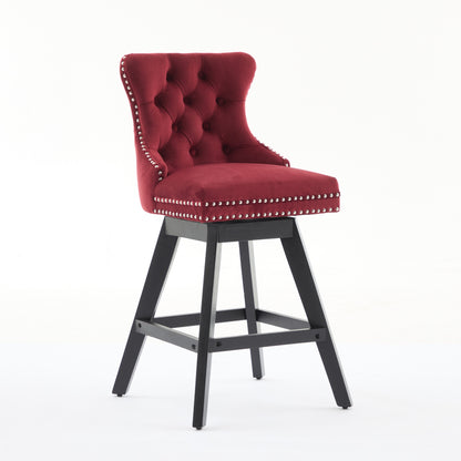 Swivel Velvet Barstools With Button Tufted Decoration And Wooden Legs, And Chrome Nailhead Trim, Leisure Style Bar Chairs,Bar Stools, Set Of 2 Wine Red