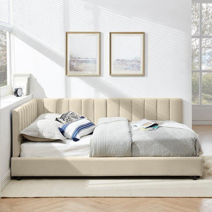 Full Size Upholstered Tufted Bed Frame, Sofa Bed Frame With Comfortable Backrest And Armrests, Full Size Bed For Bedroom, Living Room,Velvet-Beige 81x60x29.5