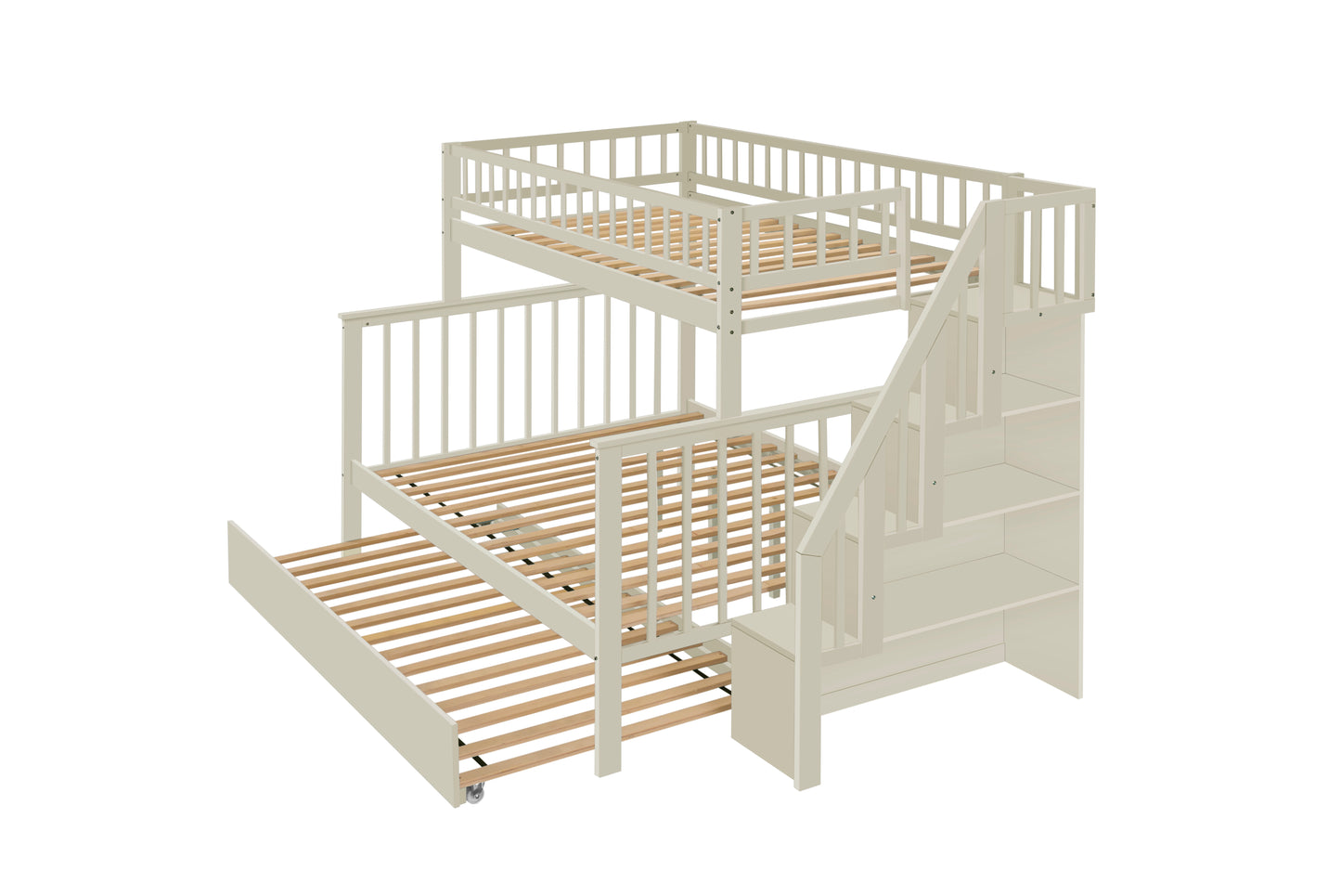 Twin Over Full Stairway Bunk Bed With Trundle,Cream