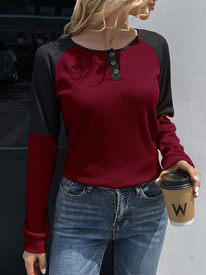 Ivy Lane Contrast Buttoned Round Neck Raglan Sleeve Top