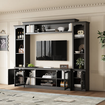 All-in-One Modern TV Stand With Bookcase For TVs Up To 65-inch, Entertainment Center With 4 Adjustable Shelves,Tempered Glass Doors, Display Storage Cabinet, Ample Storage Space TV Stand