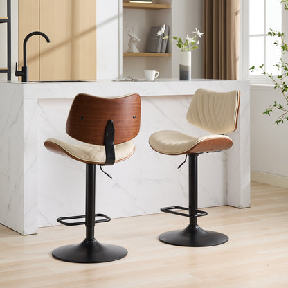 Walnut Bentwood Bar Stools Mid Century Modern Adjustable Counter Height Black Leather Upholstered 360 Swivel Bar Chairs For Kitchen Island Dining Room Cafe,Beige,Set Of 2
