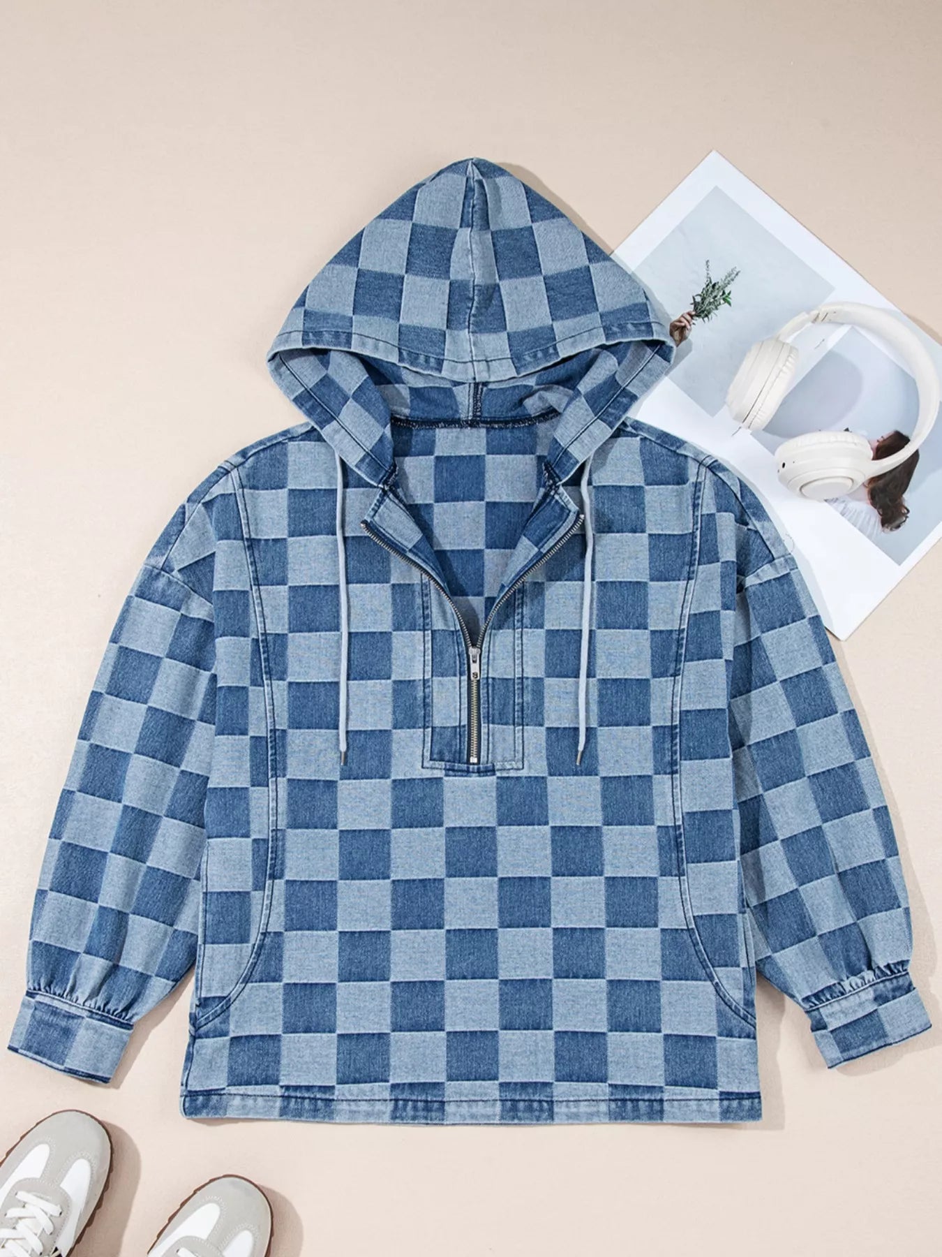 Checkered Half Zip Denim Hoodie Top