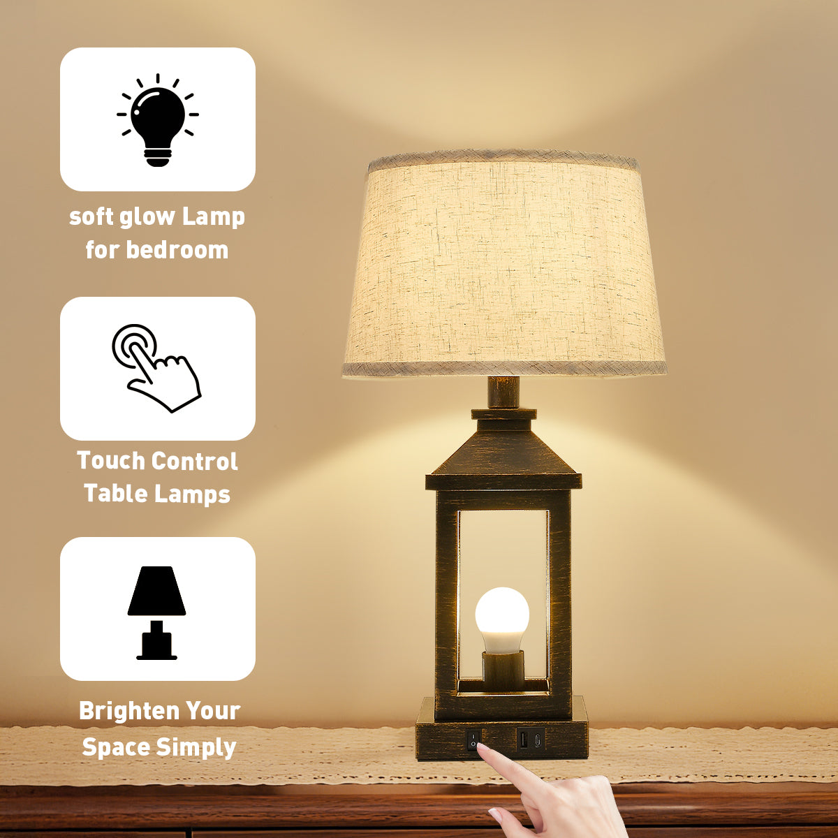 20.5in Black Gold Farmhouse Bedside Table Lamp, Suitable For Living Rooms, 3-Way Dimmable Touch Modern Bedside Table With 2 Lights For Bedrooms, Homes, Offices Including Light Bulbs