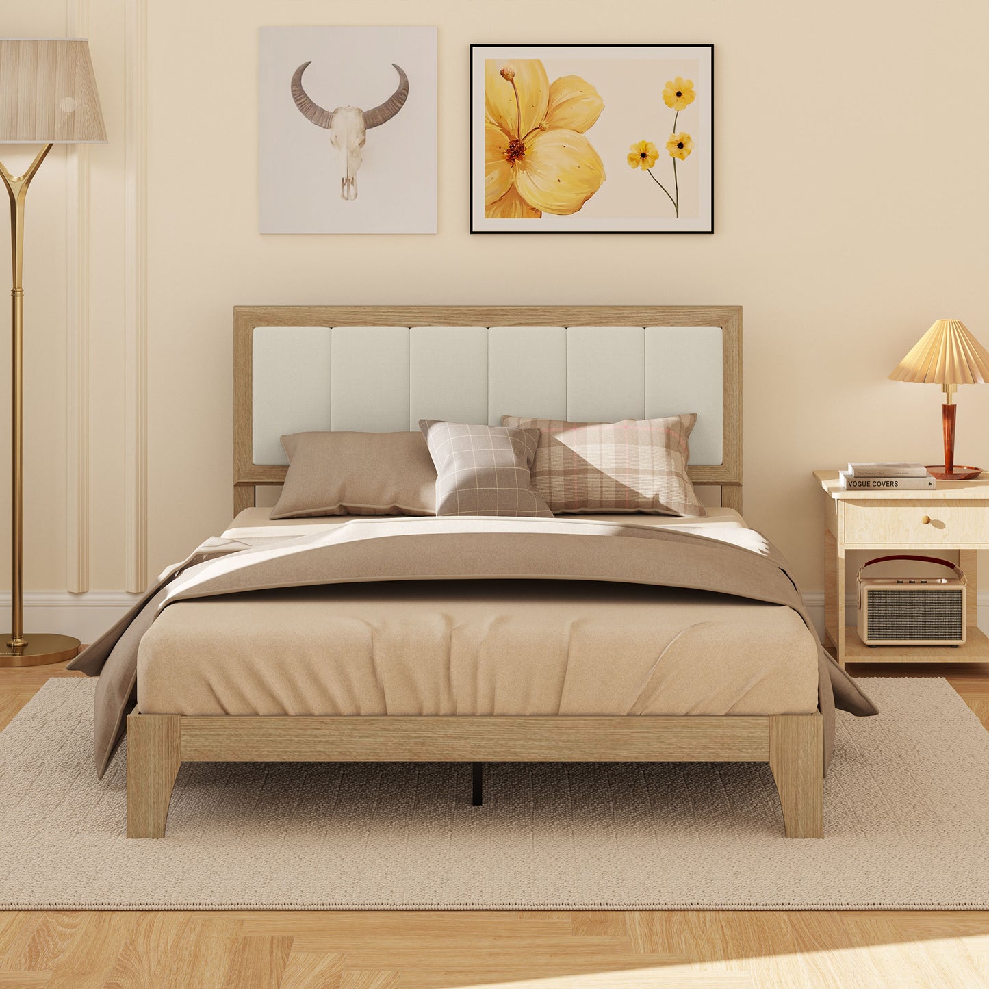 Full Bed Frame with Headboard Full Size Platform Bed Frame with Wooden Slats No Box Spring Needed Easy Assembly Oak