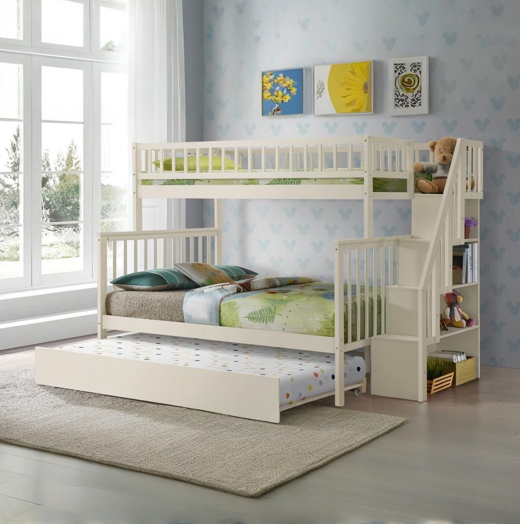 Twin Over Full Stairway Bunk Bed With Trundle,Cream