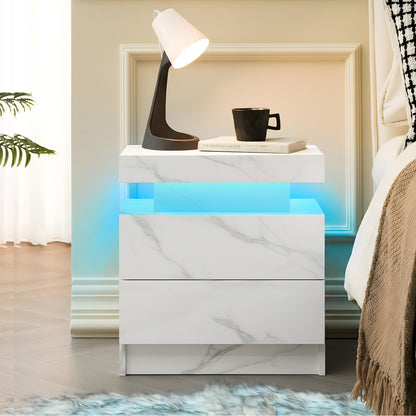 Nightstand LED Bedside Table Cabinet Lights Modern End Side With 2 Drawers For Bedroom  White Stone