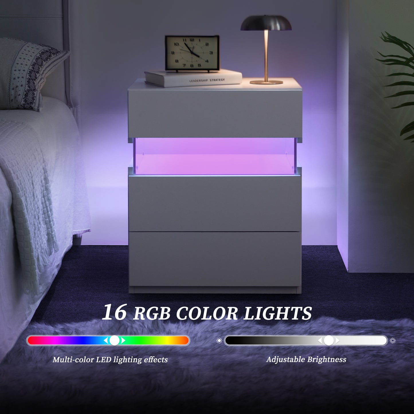 LED Nightstands 3 Drawer Dresser For Bedroom With 16RGB Color Lights,Bedside Tables For Living Room Bedside Furniture White