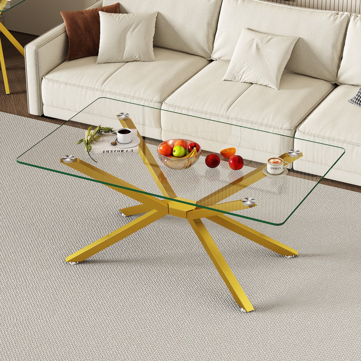 39.37  Rectangular Clear Tempered Glass Coffee Table,Stylish Design With Gold Metal Legs, Coffee Table For Living Room
