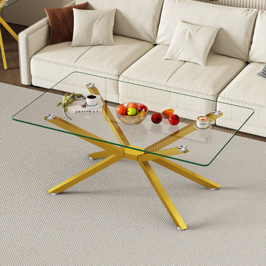 39.37  Rectangular Clear Tempered Glass Coffee Table,Stylish Design With Gold Metal Legs, Coffee Table For Living Room