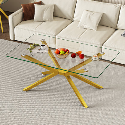 39.37  Rectangular Clear Tempered Glass Coffee Table,Stylish Design With Gold Metal Legs, Coffee Table For Living Room
