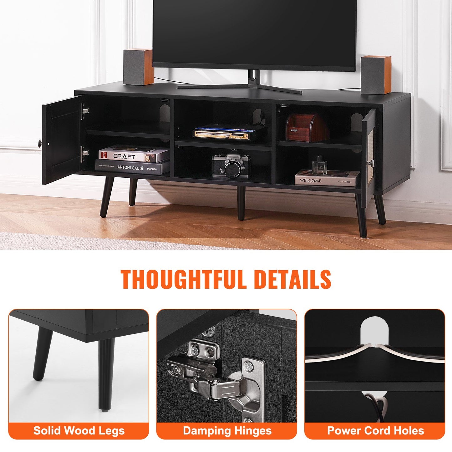 Rattan TV Stand, Boho TV Cabinet For 55 Inch TV, Mid Century Modern TV Stand, Rattan TV Console With Adjustable Shelfs For  Living Room, Media Room, Black
