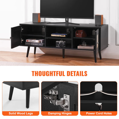 Rattan TV Stand, Boho TV Cabinet For 55 Inch TV, Mid Century Modern TV Stand, Rattan TV Console With Adjustable Shelfs For  Living Room, Media Room, Black