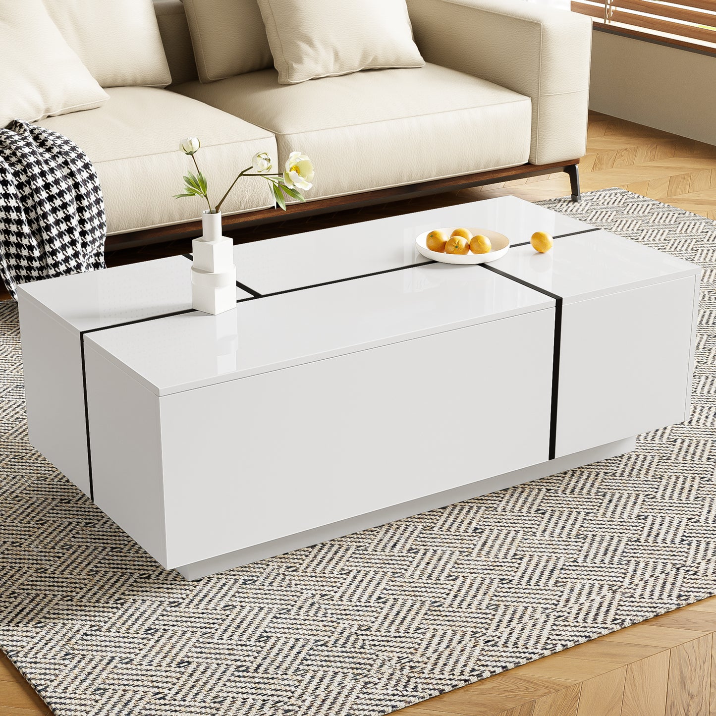 U-Can 47.2 -72.7  Extendable Coffee Table, Multi-Functional Coffee Table With High-Gloss Finish, Coffee Table With 2 Hidden Storage Space And 2 Drawers For Living Room