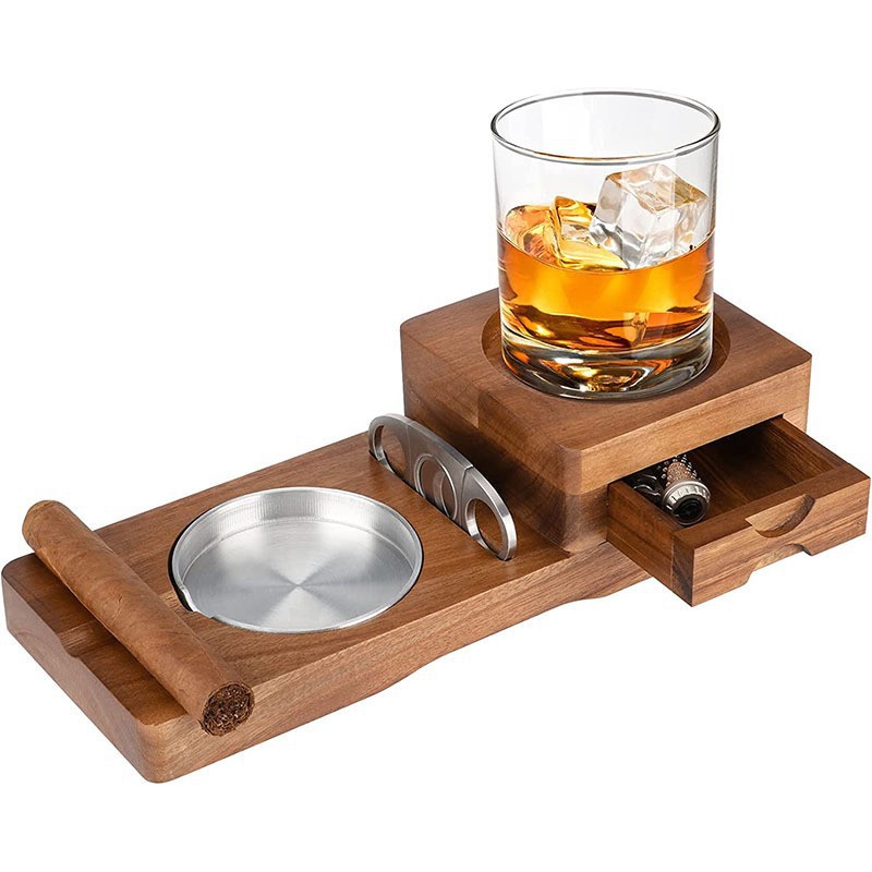 Solid Wood Cigar Ashtray With Drawer And Whiskeycigar Tray