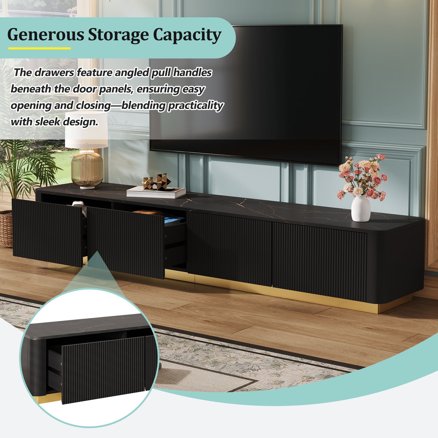 ON-TREND Luxury Fluted TV Stand For TVs Up To 85, Faux Marble Tabletop Media Console With 4 Drawers, Curved Profile Design, Modern Entertainment Center With Gold Base For Living Room, Black