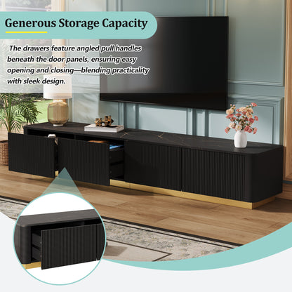 ON-TREND Luxury Fluted TV Stand For TVs Up To 85, Faux Marble Tabletop Media Console With 4 Drawers, Curved Profile Design, Modern Entertainment Center With Gold Base For Living Room, Black