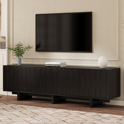 Retro Style Wood Grain TV Stand With Wavy Door Design For TVs Up To 75, Rustic Media Console With Ample Storage Space, Sturdy Base TV Cabinet With Cable Management For Living Room, Bedroom, Black