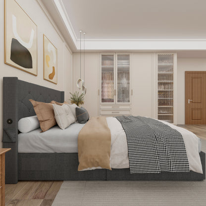 Queen Size Bed Frame With Storage - Lift Up Storage Bed With Modern Wingback Headboard, USB Ports