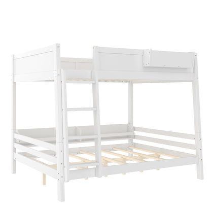Queen Bunk Bed With  Storage Shelf And Bookshelf,Wood Bunk Bed With Ladder And Guardrails,Detachable Design,White