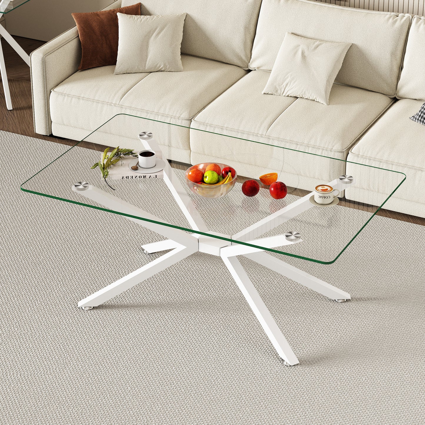 39.37  Rectangle Clear Glass Glass Coffee Table,Stylish Design With White Metal Legs, Coffee Table For Living Room
