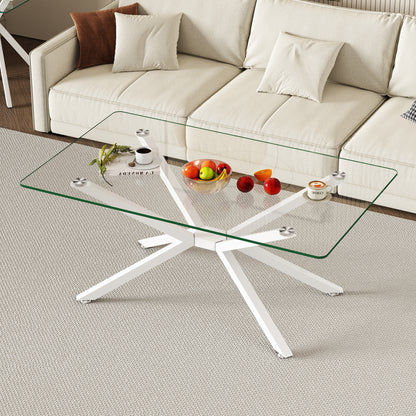 39.37  Rectangle Clear Glass Glass Coffee Table,Stylish Design With White Metal Legs, Coffee Table For Living Room