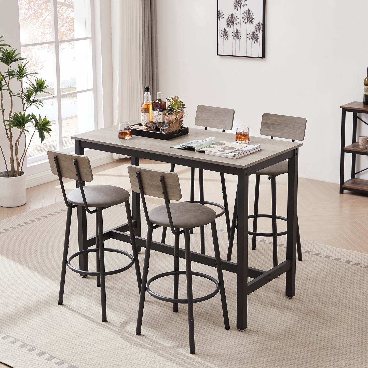 Bar Table Set With 4 Bar Stools PU Soft Seat With Backrest, Grey, 47.24  L X 23.62  W X 35.43  H