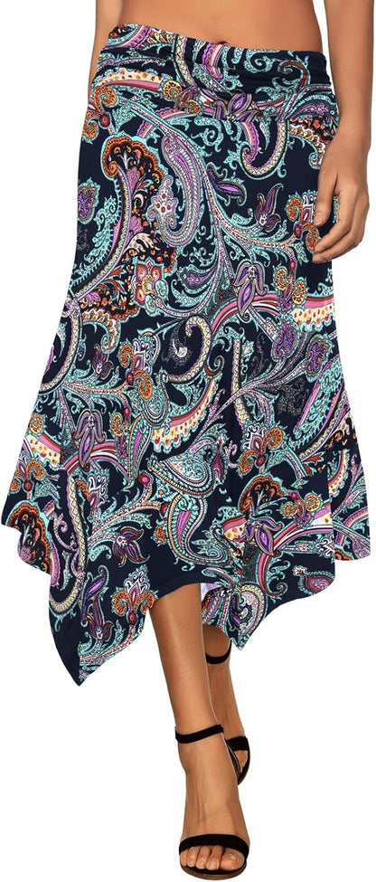 Women's Flowy Handkerchief Hemline Midi Skirt - Elastic Waist Asymmetrical Hem
