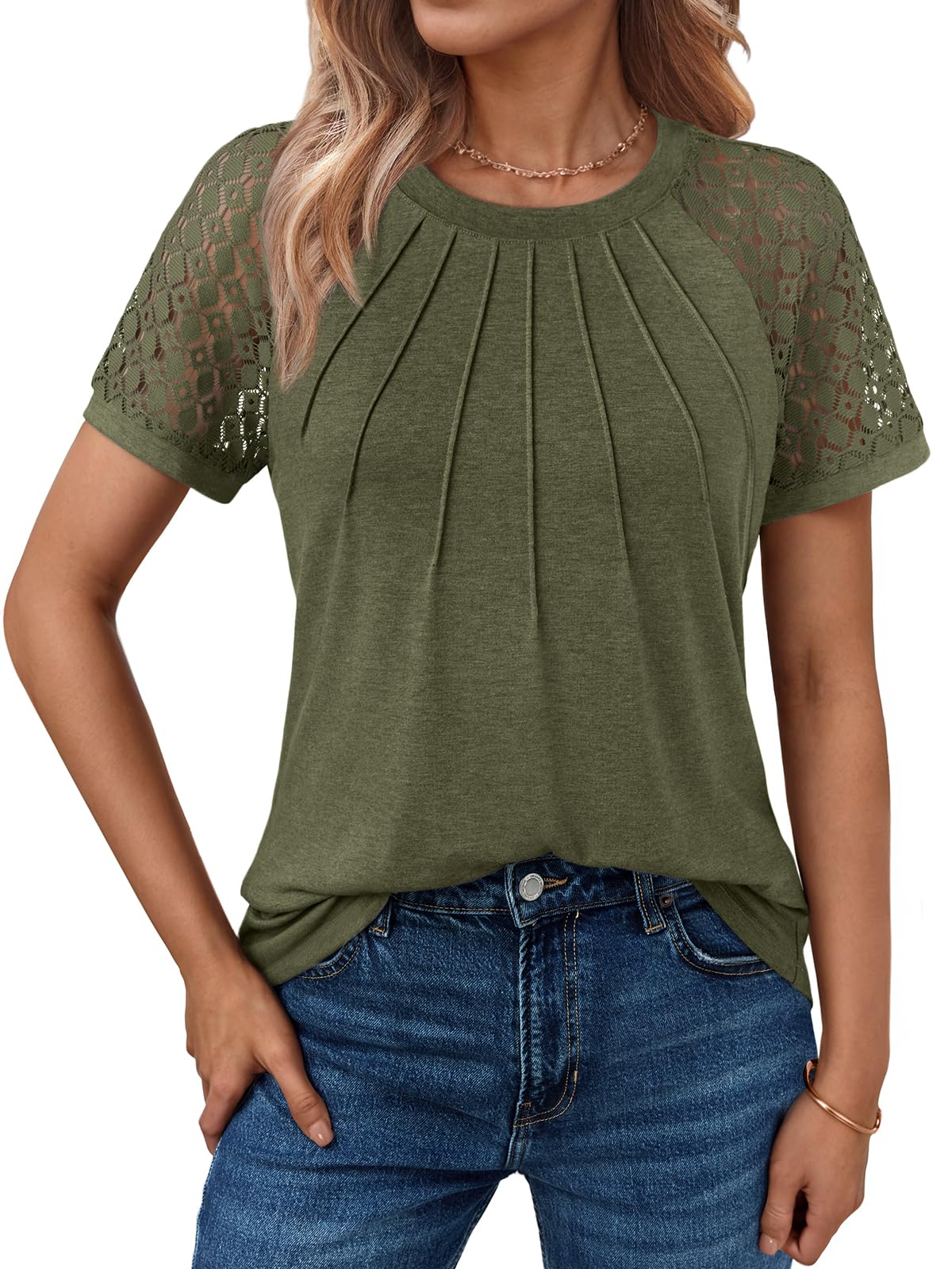 Women's Summer Lace Top Short Sleeve Business Casual Blouse