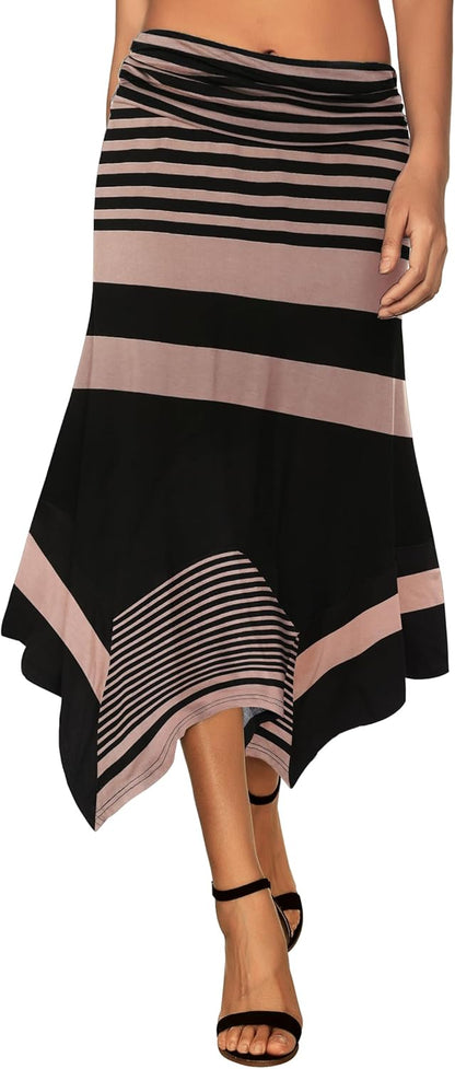 Women's Flowy Handkerchief Hemline Midi Skirt - Elastic Waist Asymmetrical Hem