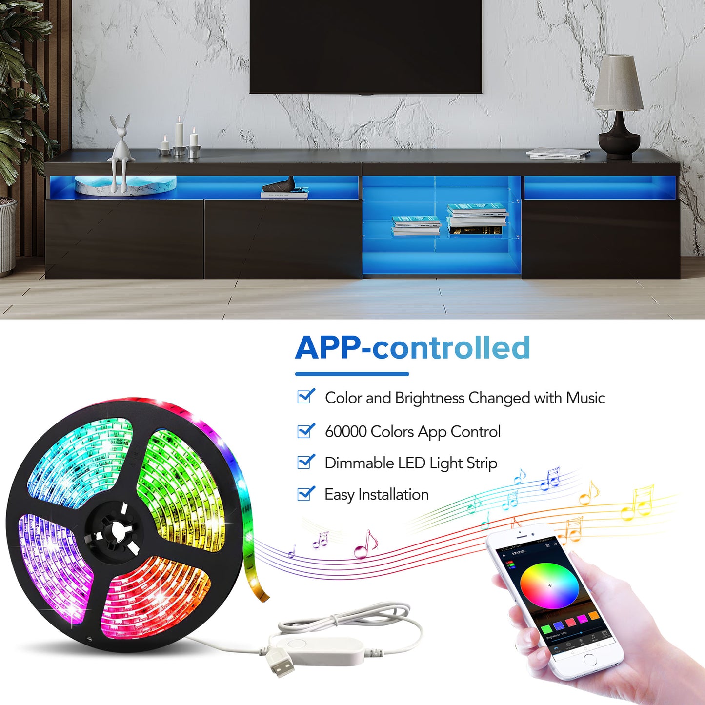 Unique Design TV Stand With 2 Glass Shelves, Ample Storage Space Media Console For TVs Up To 105, Versatile TV Cabinet With LED Color Changing Lights For Living Room, Black