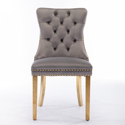 Nikki Collection Modern, High-end Tufted Solid Wood Contemporary Velvet Upholstered Dining Chair With Golden Stainless Steel Plating Legs,Nailhead Trim,Set Of 2,Gray And Gold, SW1601GY