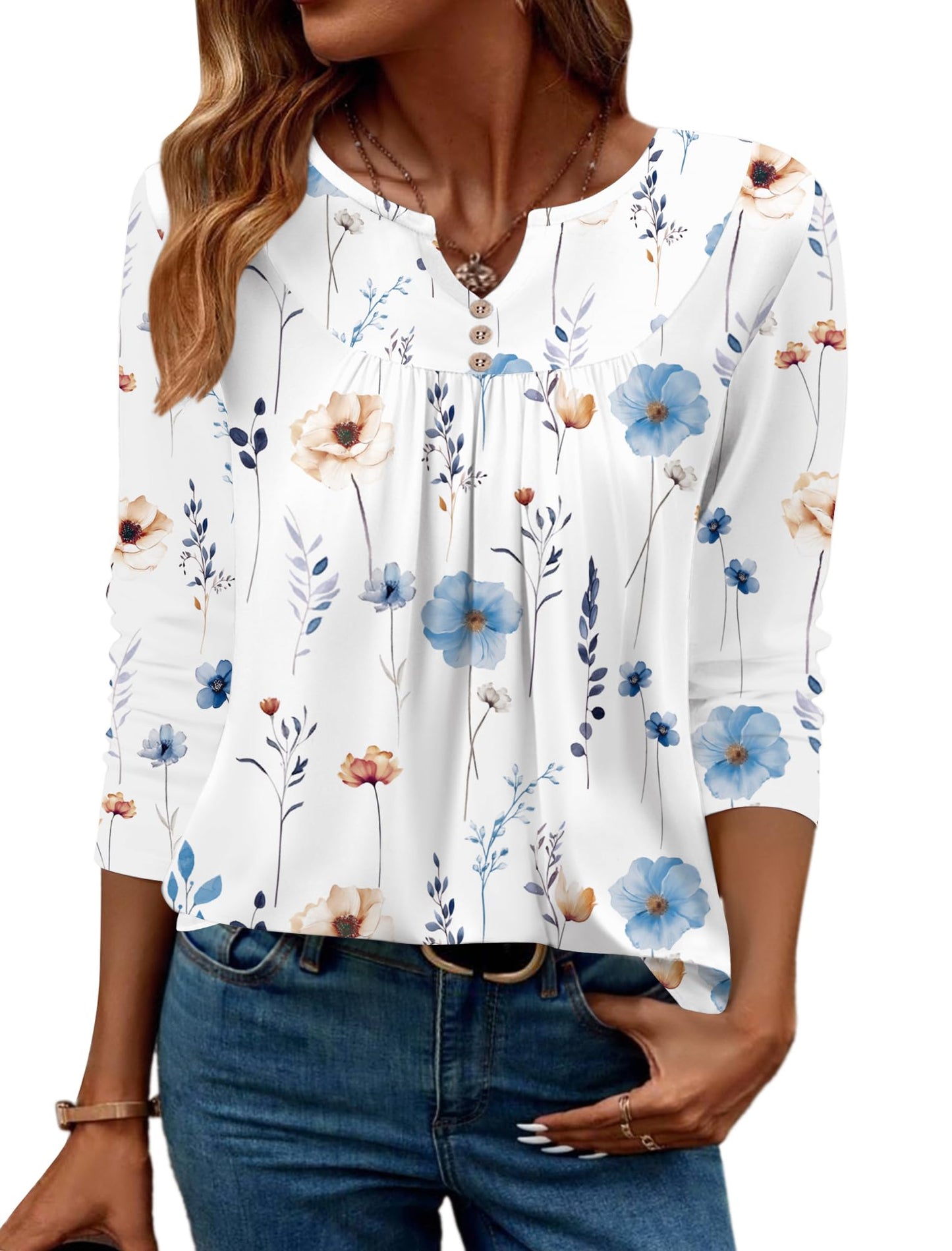 Women Long Sleeve V Neck Blouse - Casual Dressy Work Tunic Top with Pleated Detail 2025