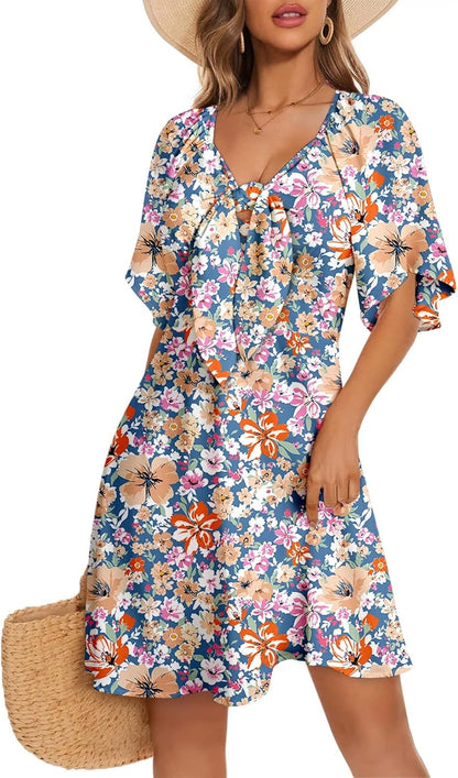Women's Deep V-Neck Mini Dress with Bow Tie - Elegant Summer Fall Outfit