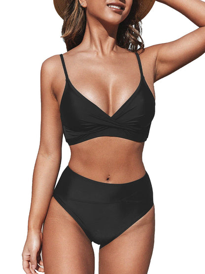 Women's High Waisted Bikini Set - V Neck Twist Front Two Piece Swimsuit with Adjustable Straps