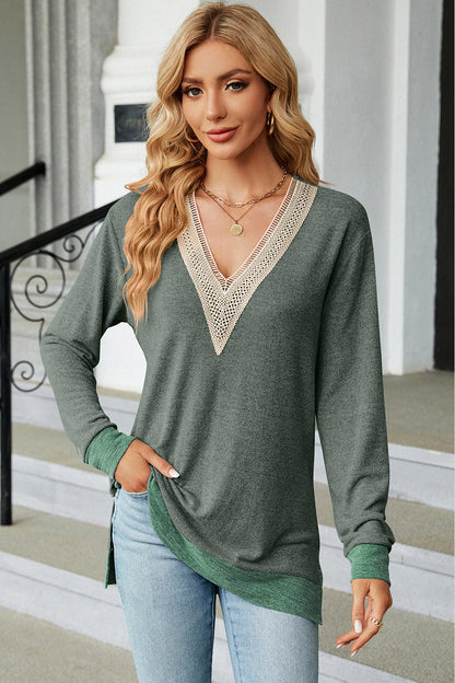 Slit V-Neck Long Sleeve T-Shirt
