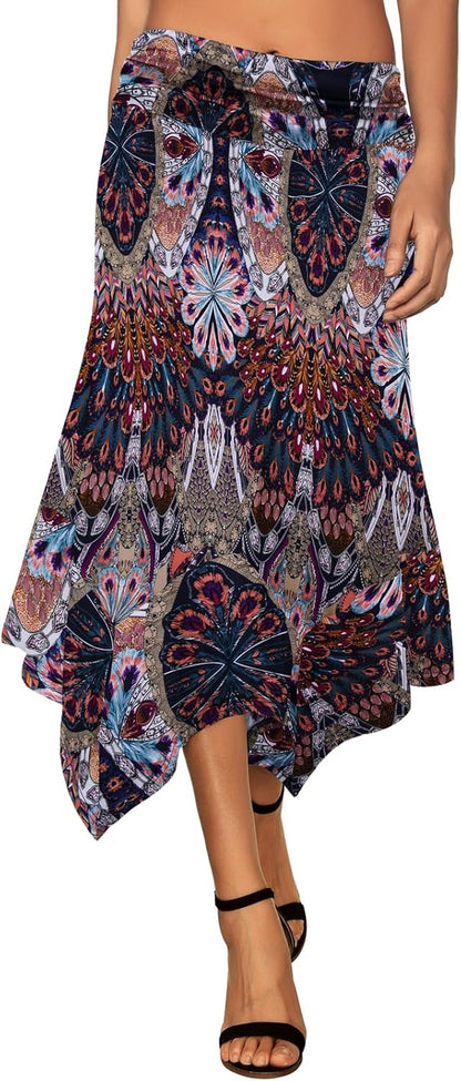 Women's Flowy Handkerchief Hemline Midi Skirt - Elastic Waist Asymmetrical Hem