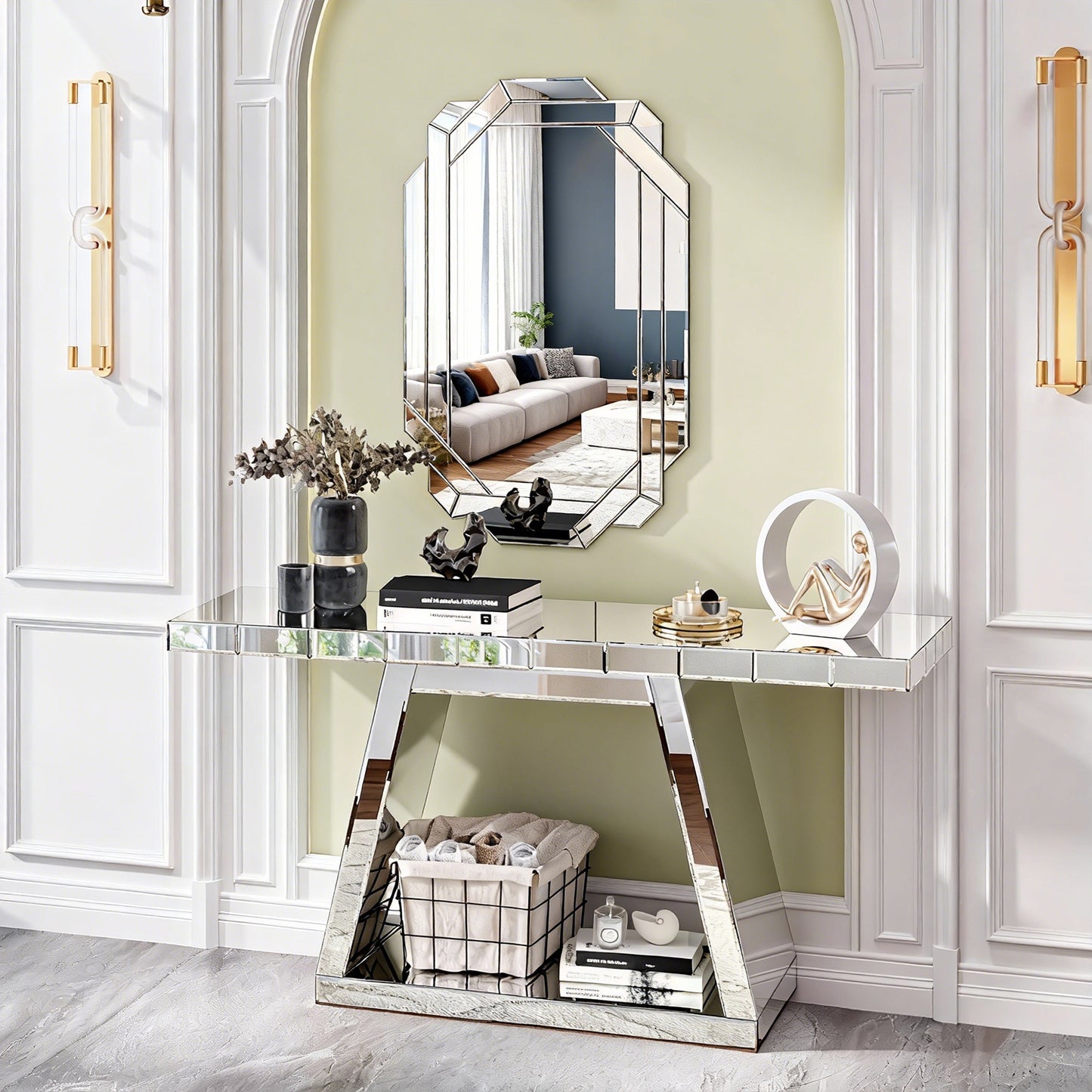 55.9 Modern Luxe Full-Body Mirror Entryway Table With Trapezoid Base -360 Reflective Console Table, Sturdy Wooden Frame, Scratch-Resistant Design & Open Storage For Hallway, Living Room, Staircase
