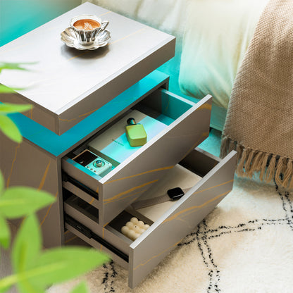 Nightstand LED Bedside Table Cabinet Lights Modern End Side With 2 Drawers For Bedroom Grey Gold