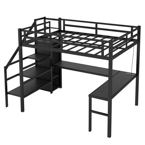 Twin XL Size Loft Bed With L-shaped Desk And USB, Metal Loft Bed With Wardrobe And Adjustable Shelf, High Loft Bed With LED For Kids Teens Adults, Black