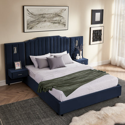 Queen Size Upholstered Bed Frame With Velvet Fabric, Vertical Stripe Design With Buttons Around  Platform Bed With Headboard, Solid Frame & Bedside Table - No Box Spring Needed-Dark Blue