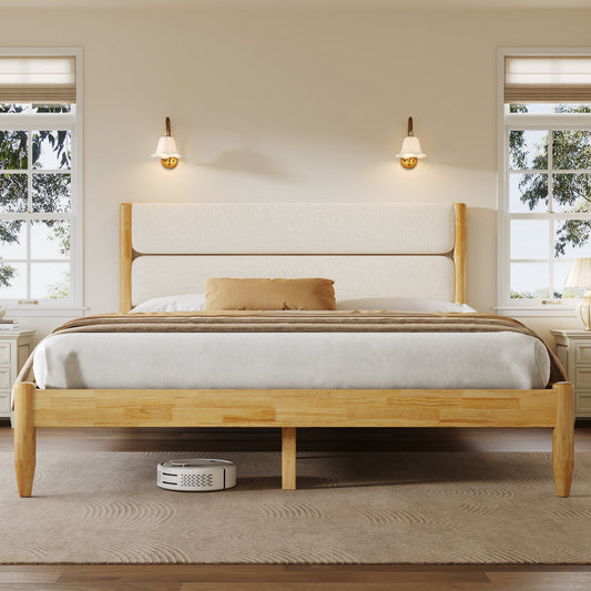 Queen Size Solid Wood Bed Frame With Fleece Upholstered Headboard, Ivory