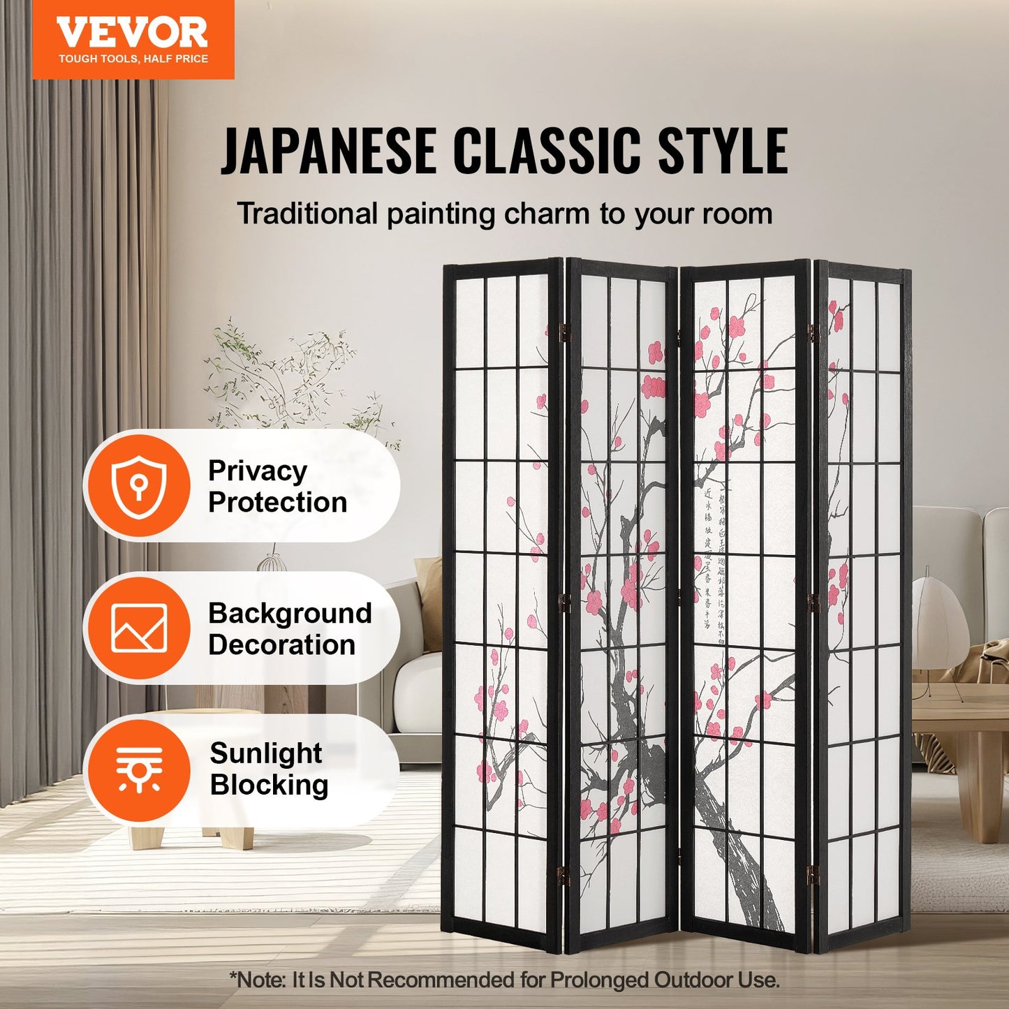 Room Divider, 4 Panel Japanese Room Divider Screen, Wood Folding Privacy Screen Indoor, Japanese Partition Portable Decoration Dividers, For Room Separation Home Office Restaurant & Bedroom