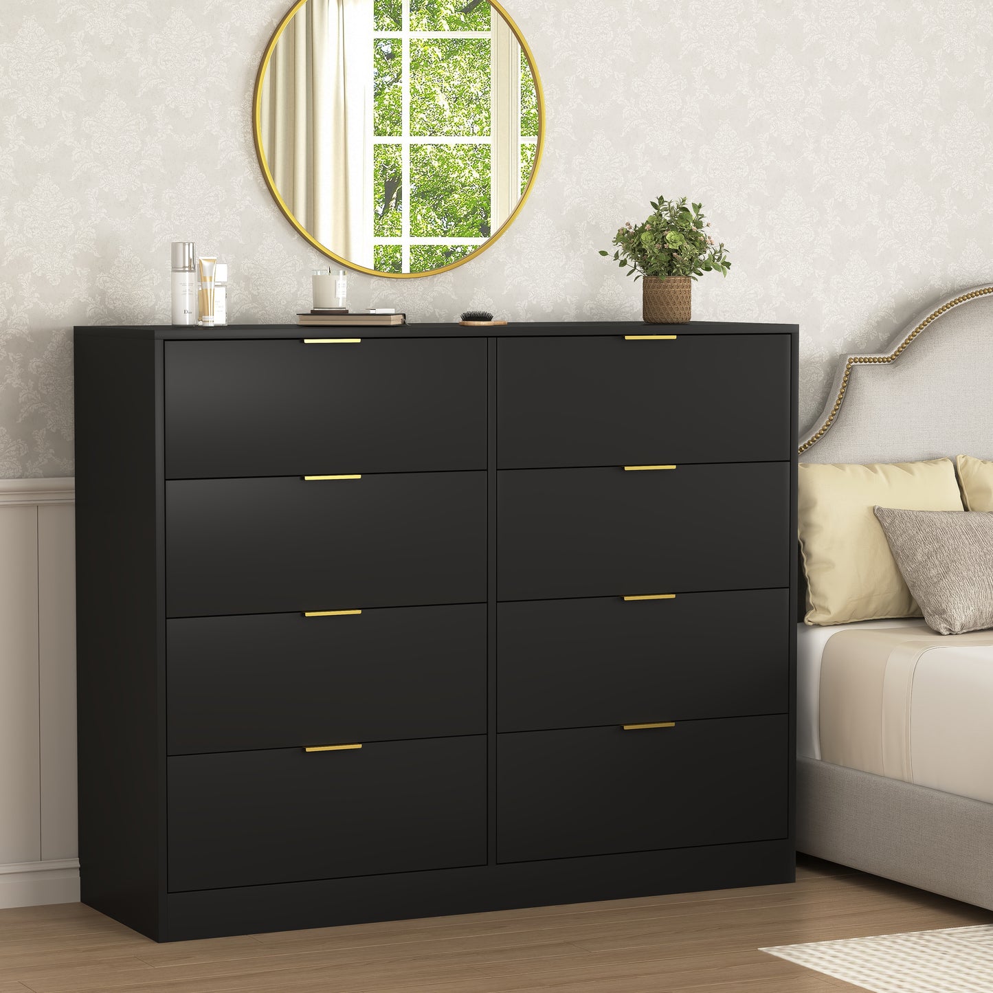 8 Drawers Dresser For Bedroom, Wood Bedroom Dresser Modern Drawer Chest, 8 Chest Of Drawer, Tall Dresser For Closet, Dressers Organizer For Living Room, Closet, Hallway Black