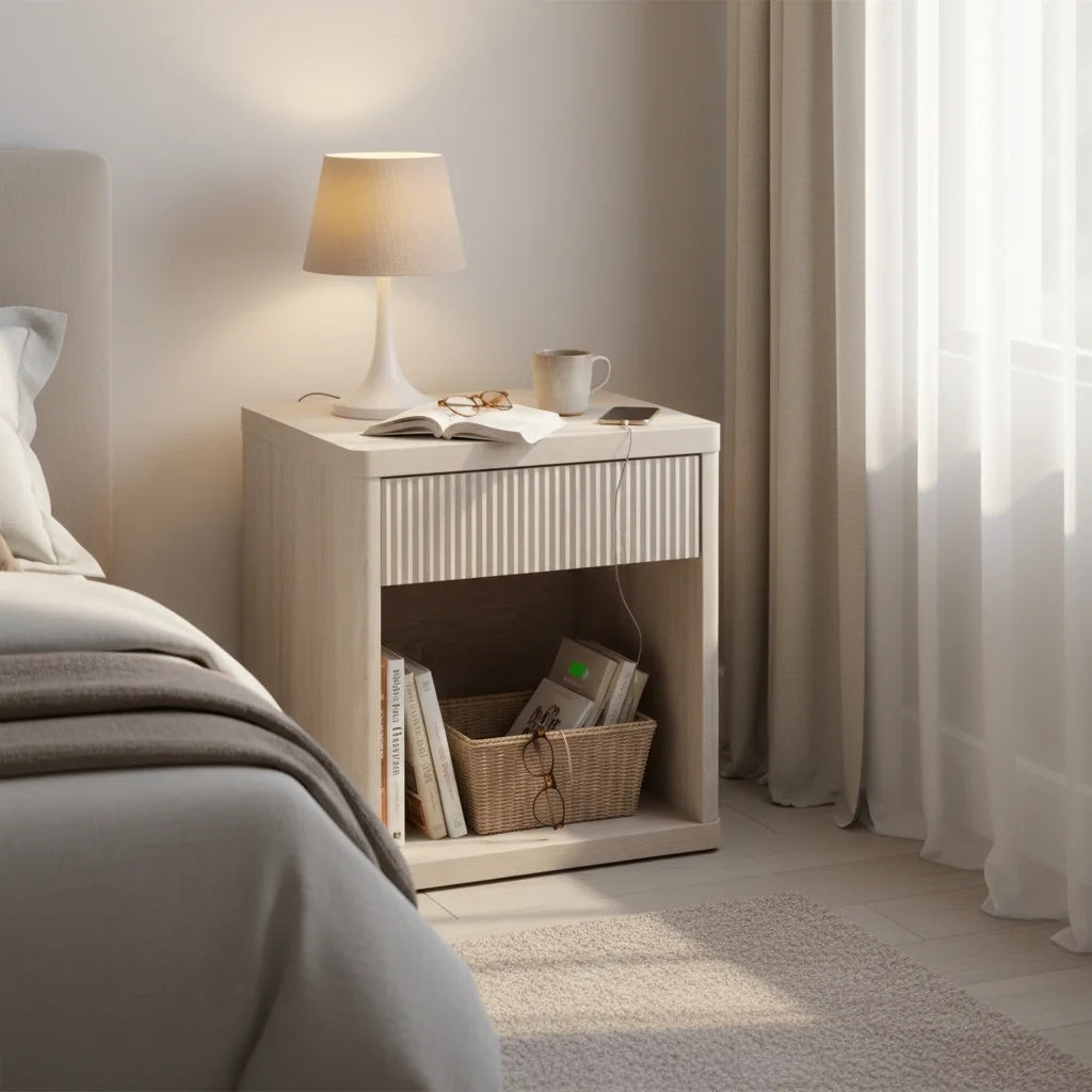 Bedside Cabinet With Drawers And Open Shelves, Side Table With Rounded Corners